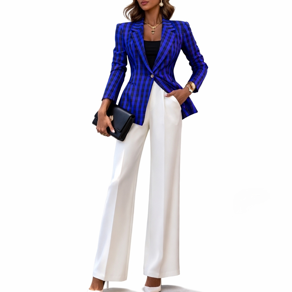 NWT Edwardian Blazer Womens 10 Royal Blue Black Plaid 1 Button Lined Old Money